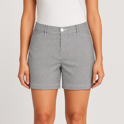 Jones New York womens white and black striped seersucker shorts size 4 front and back views with stretch fabric and button detail on model