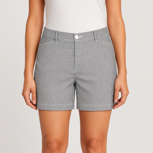 Jones New York womens white and black striped seersucker shorts size 4 front and back views with stretch fabric and button detail on model
