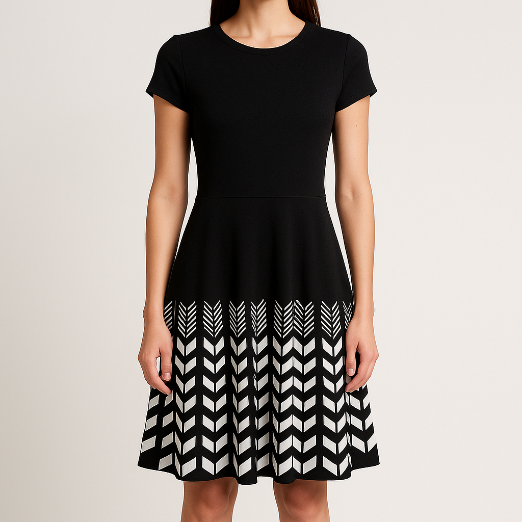 Jessica Simpson black knit fit and flare dress with short sleeves and flared skirt on model