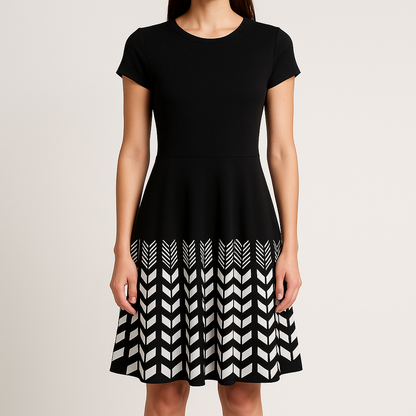 Jessica Simpson black knit fit and flare dress with short sleeves and flared skirt on model