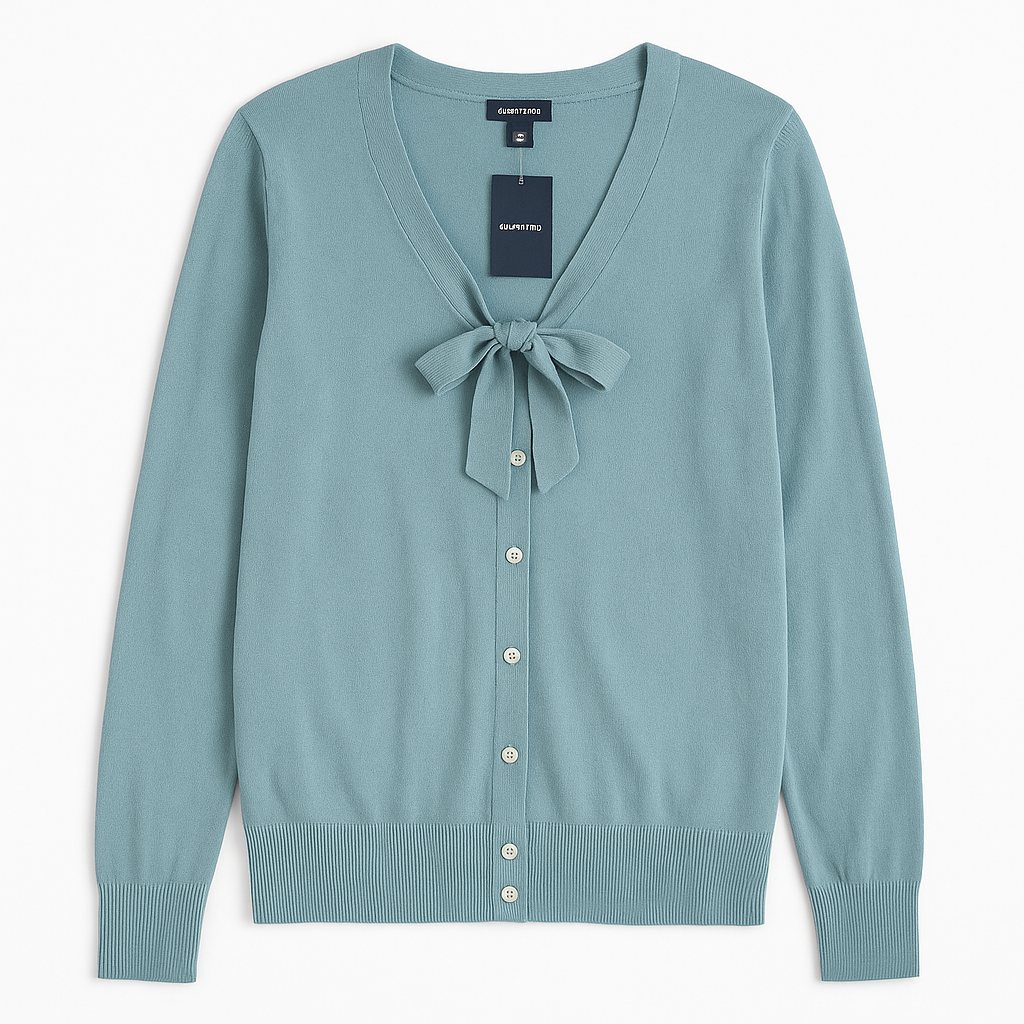 Lands End marine blue cotton cashmere tie cardigan with buttons and bow neck detail for women, size large, new with tags front on white dropcloth