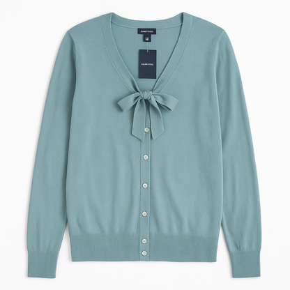 Lands End marine blue cotton cashmere tie cardigan with buttons and bow neck detail for women, size large, new with tags front on white dropcloth