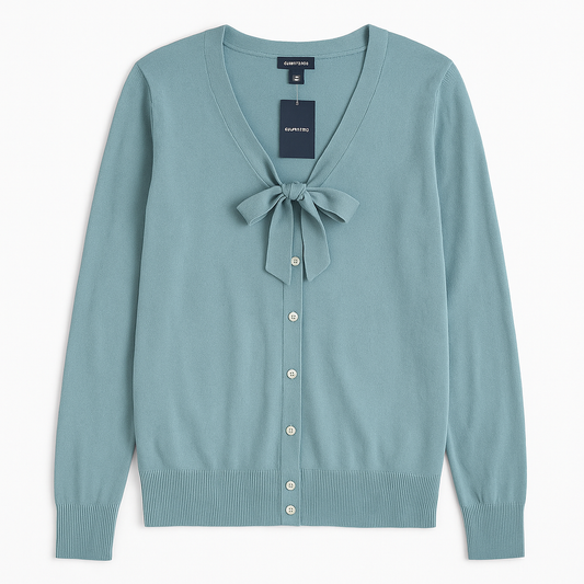 Lands End marine blue cotton cashmere tie cardigan with buttons and bow neck detail for women, size large, new with tags front on white dropcloth