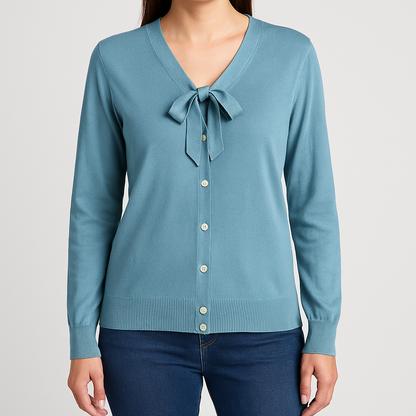 Lands End marine blue cotton cashmere tie cardigan with buttons and bow neck detail for women, size large, new with tags on model
