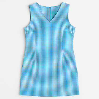 Faded Glory vintage blue and white gingham sleeveless dress with v-neck and back zipper on clear hanger against white background back on white dropcloth