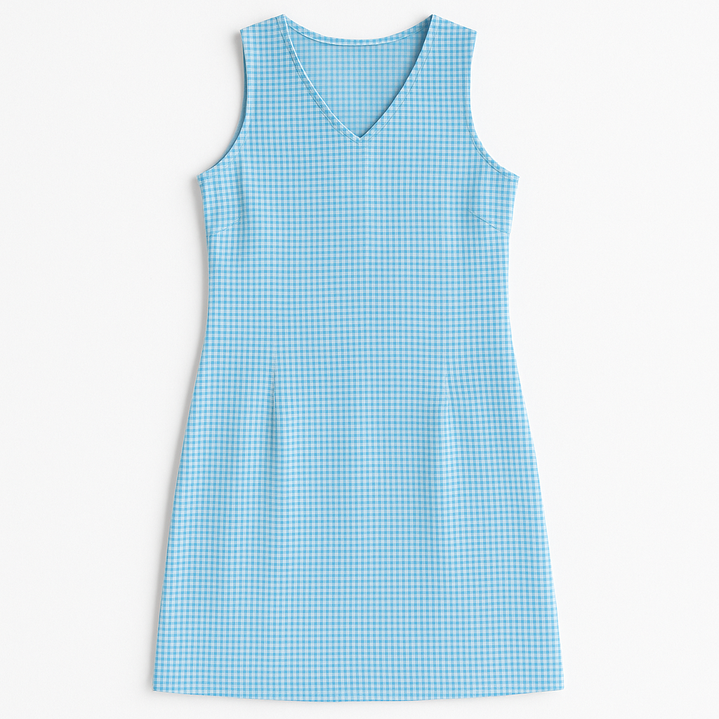 Faded Glory vintage blue and white gingham sleeveless dress with v-neck and back zipper on clear hanger against white background front on white dropcloth