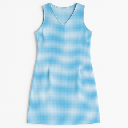 Faded Glory vintage blue and white gingham sleeveless dress with v-neck and back zipper on clear hanger against white background front on white dropcloth