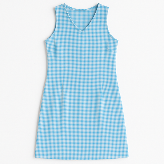 Faded Glory vintage blue and white gingham sleeveless dress with v-neck and back zipper on clear hanger against white background front on white dropcloth