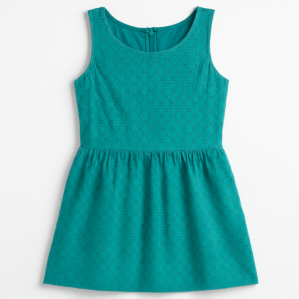 Old Navy teal green doily pattern sleeveless summer dress with gathered waist and concealed back zipper hanging on a clear hanger against a white cloth background back on white dropcloth