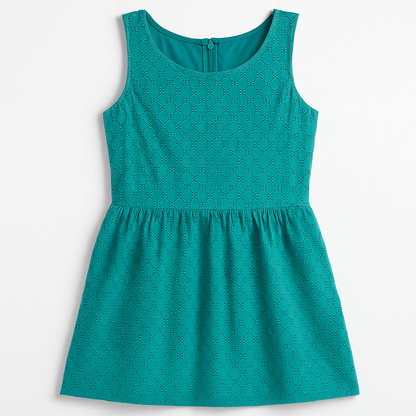Old Navy teal green doily pattern sleeveless summer dress with gathered waist and concealed back zipper hanging on a clear hanger against a white cloth background back on white dropcloth