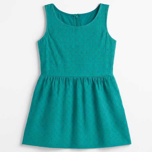 Old Navy teal green doily pattern sleeveless summer dress with gathered waist and concealed back zipper hanging on a clear hanger against a white cloth background back on white dropcloth