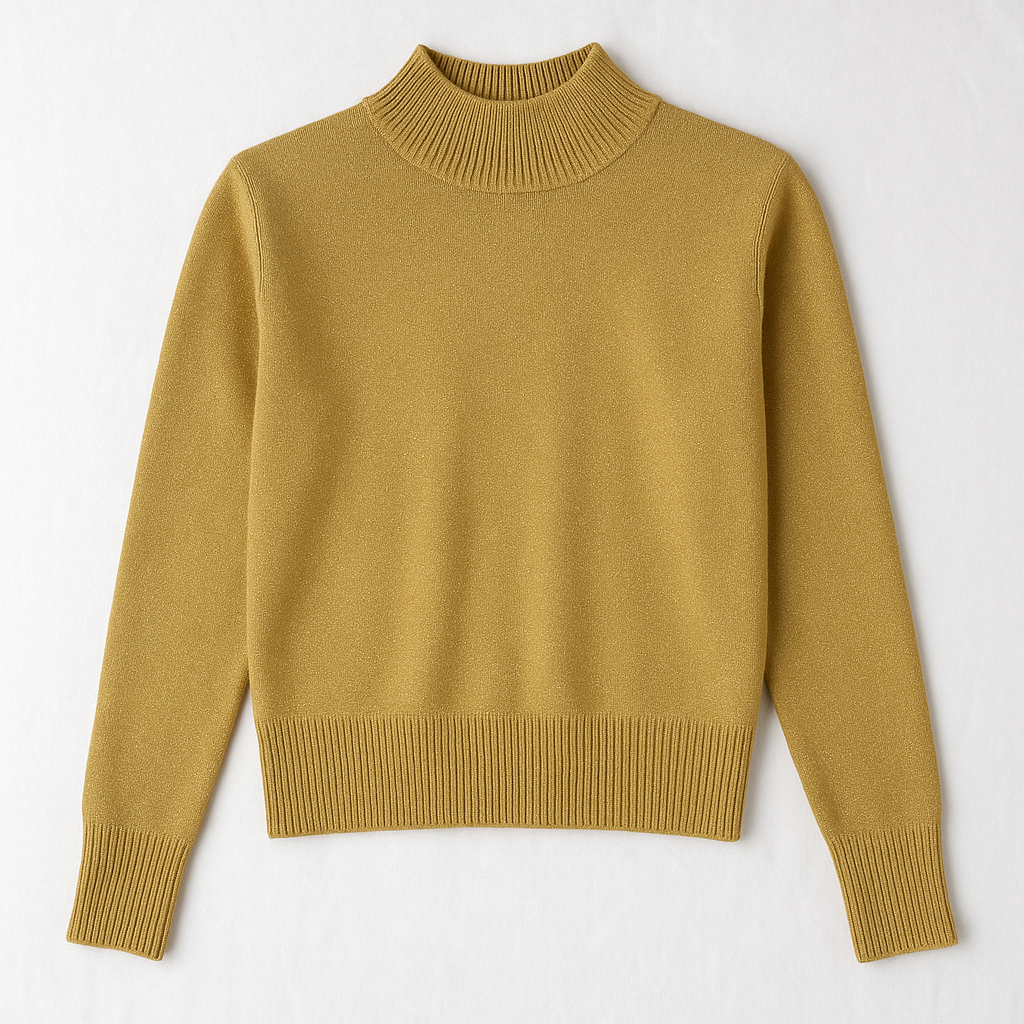 Dress Barn petite gold knit sweater with mock neck and long sleeves hung on a clear hanger front on white dropcloth