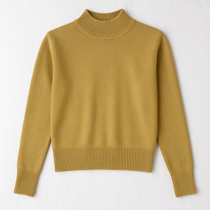 Dress Barn petite gold knit sweater with mock neck and long sleeves hung on a clear hanger front on white dropcloth