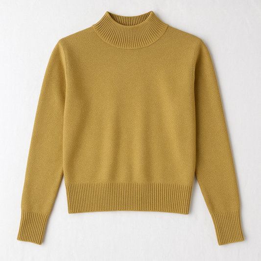 Dress Barn petite gold knit sweater with mock neck and long sleeves hung on a clear hanger front on white dropcloth
