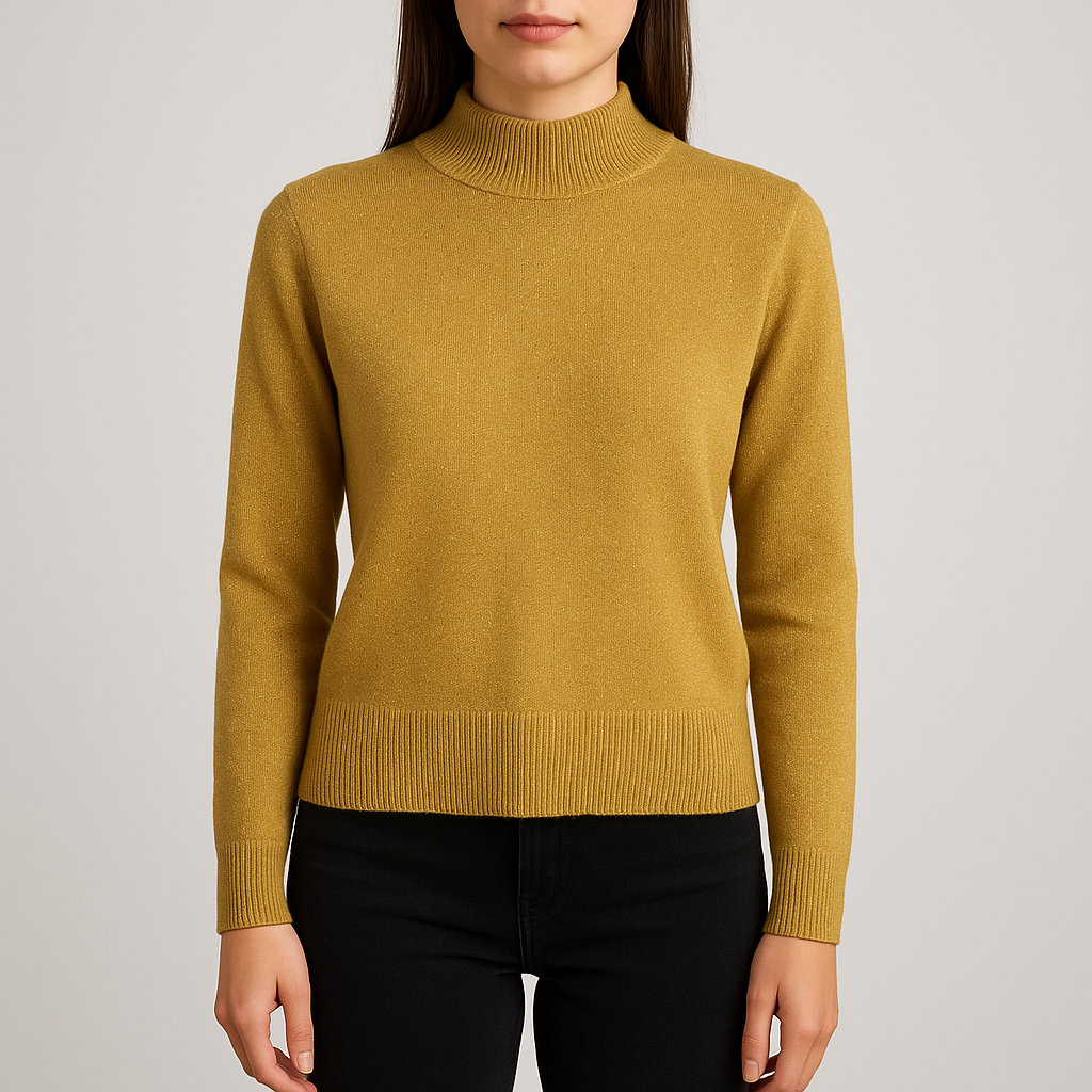 Dress Barn petite gold knit sweater with mock neck and long sleeves hung on a clear hanger on model