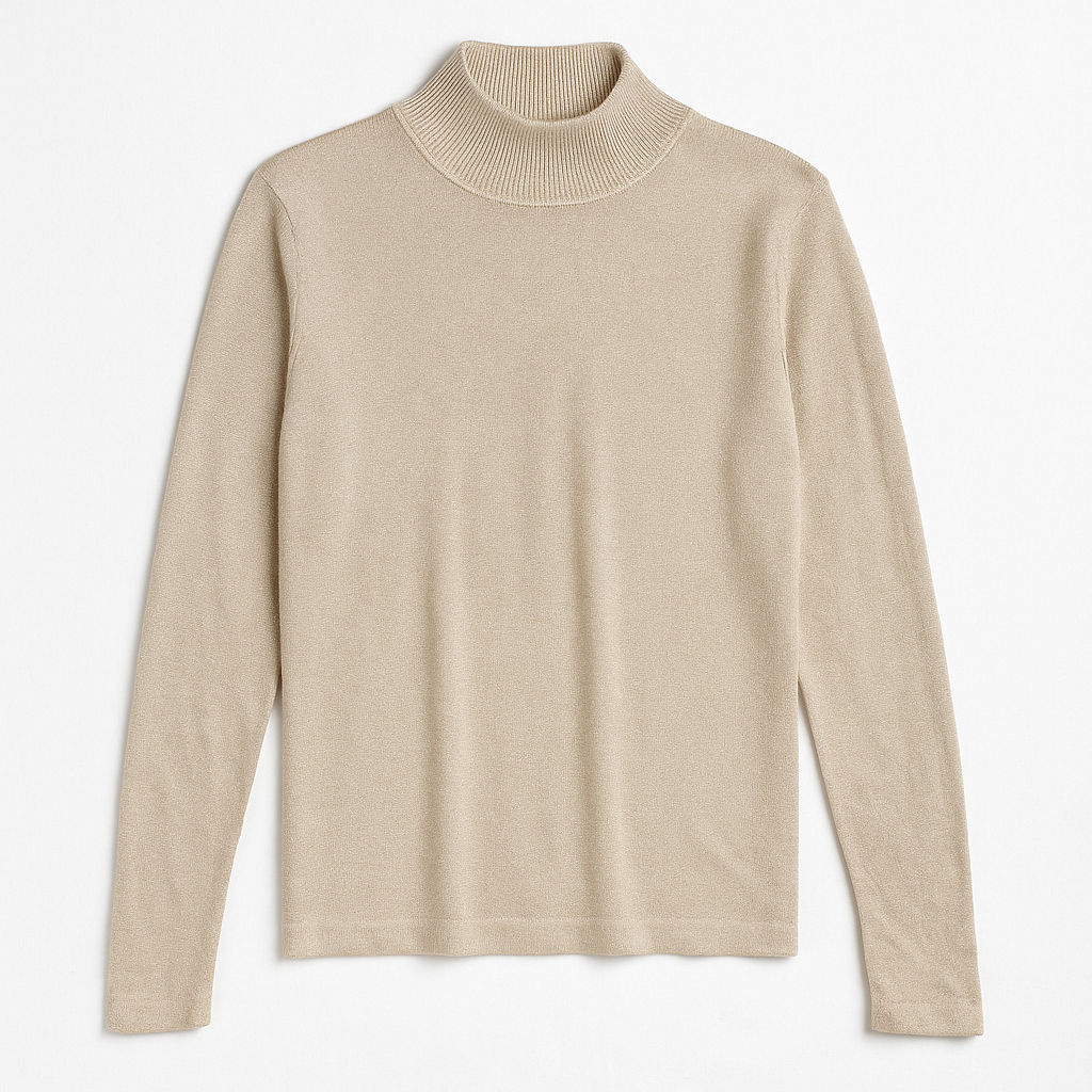 Silver knit long sleeve August Silk sweater with mock neckline laid flat showing subtle shimmer and texture front on white dropcloth