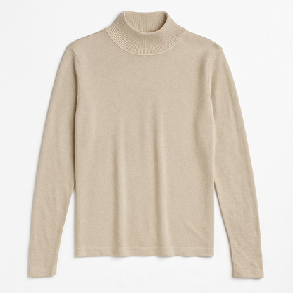 Silver knit long sleeve August Silk sweater with mock neckline laid flat showing subtle shimmer and texture front on white dropcloth