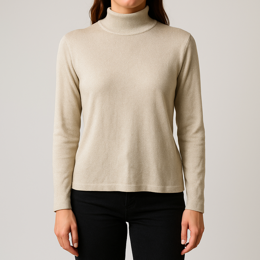 Silver knit long sleeve August Silk sweater with mock neckline laid flat showing subtle shimmer and texture on model