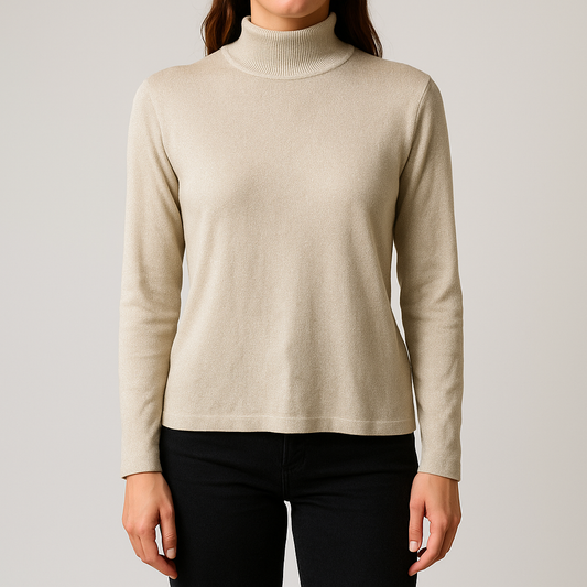 Silver knit long sleeve August Silk sweater with mock neckline laid flat showing subtle shimmer and texture on model