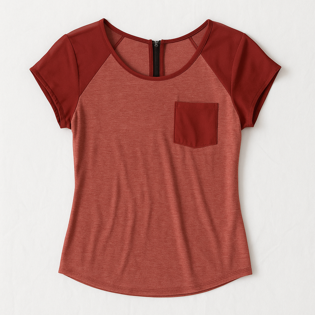 Maurices red salmon sheer back top with front pocket and back zipper closure size medium front on white dropcloth
