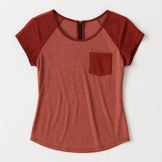 Maurices red salmon sheer back top with front pocket and back zipper closure size medium front on white dropcloth