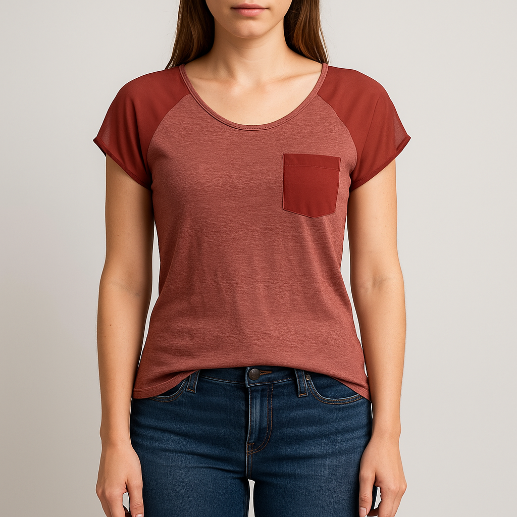 Maurices red salmon sheer back top with front pocket and back zipper closure size medium on model