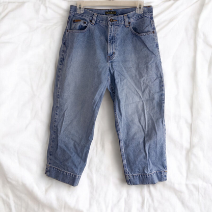 Eddie Bauer vintage blue denim capri pants with cuffed hems and five-pocket styling