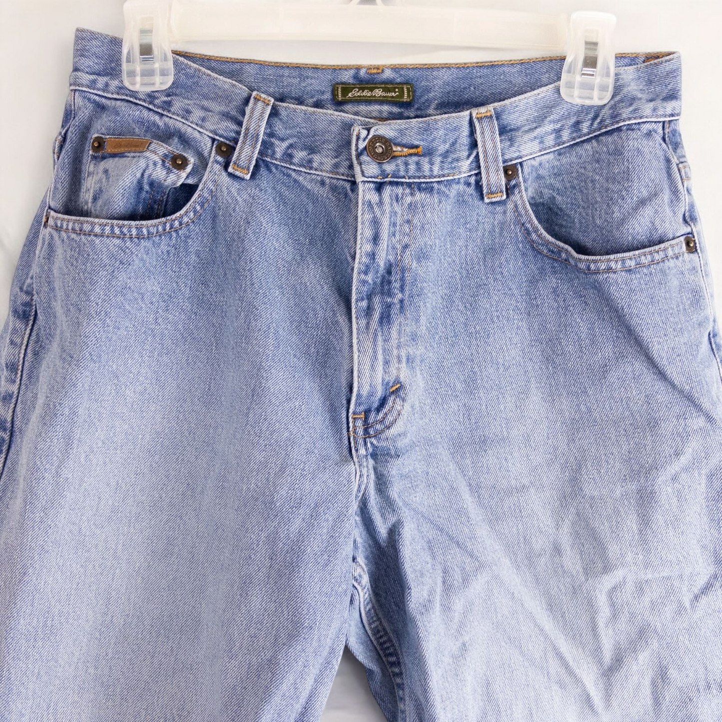 Eddie Bauer vintage blue denim capri pants with cuffed hems and five-pocket styling image 2