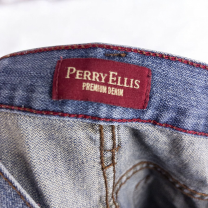 Perry Ellis women's blue denim jeans with five pockets hanging on a hanger front and back views image 10