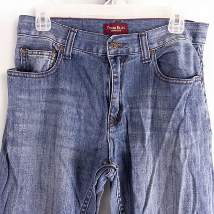 Perry Ellis women's blue denim jeans with five pockets hanging on a hanger front and back views image 2