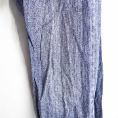Perry Ellis women's blue denim jeans with five pockets hanging on a hanger front and back views image 6