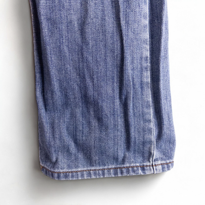 Perry Ellis women's blue denim jeans with five pockets hanging on a hanger front and back views image 7
