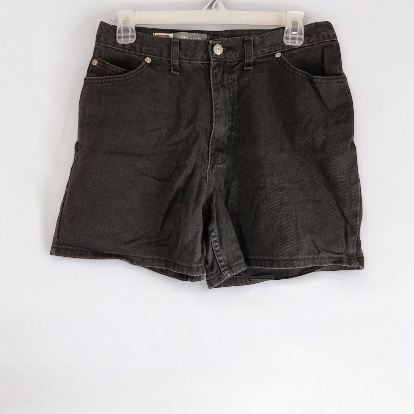 Faded Glory vintage black denim relaxed fit jean shorts womens size 12 front and back view on hanger