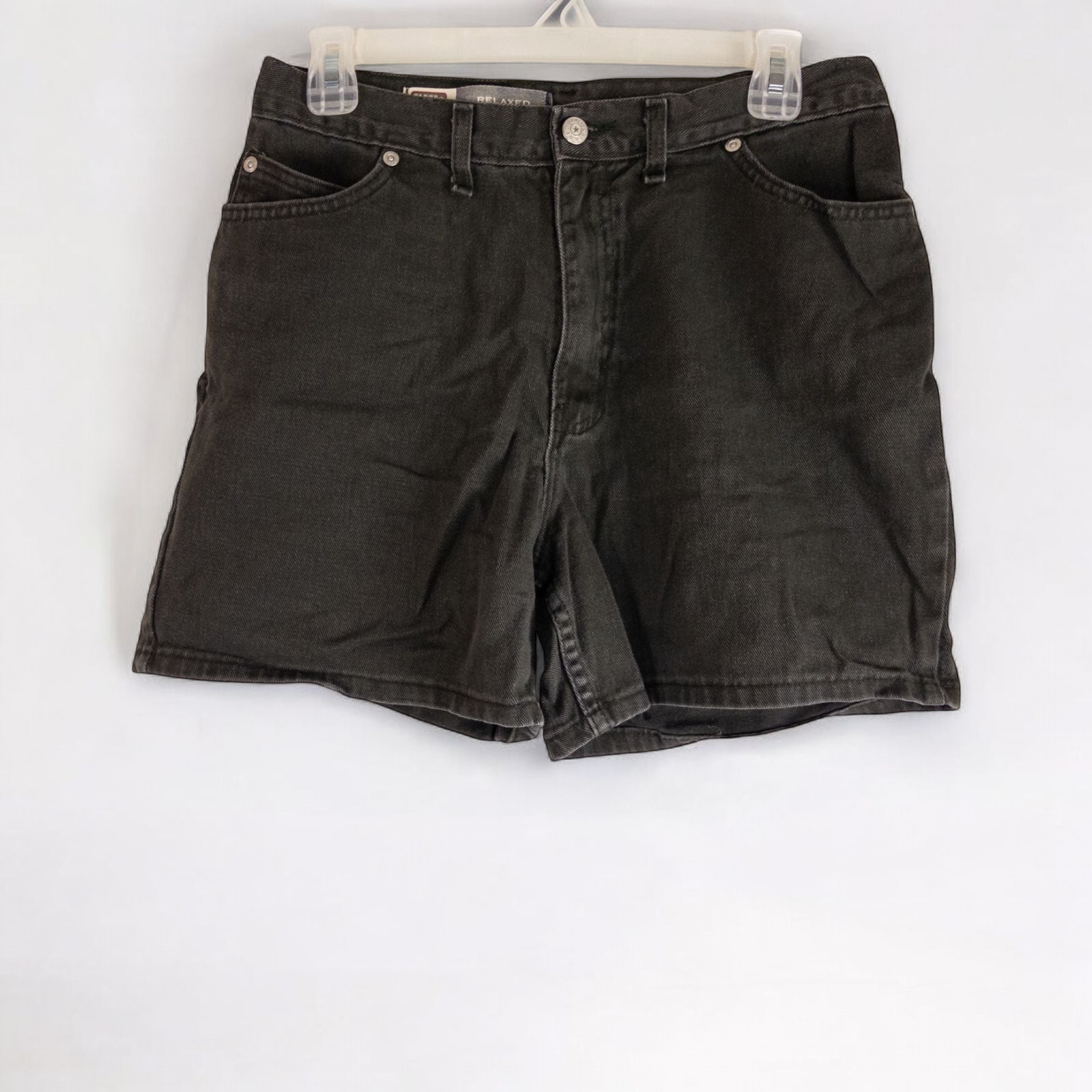 Faded Glory vintage black denim relaxed fit jean shorts womens size 12 front and back view on hanger