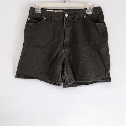 Faded Glory vintage black denim relaxed fit jean shorts womens size 12 front and back view on hanger