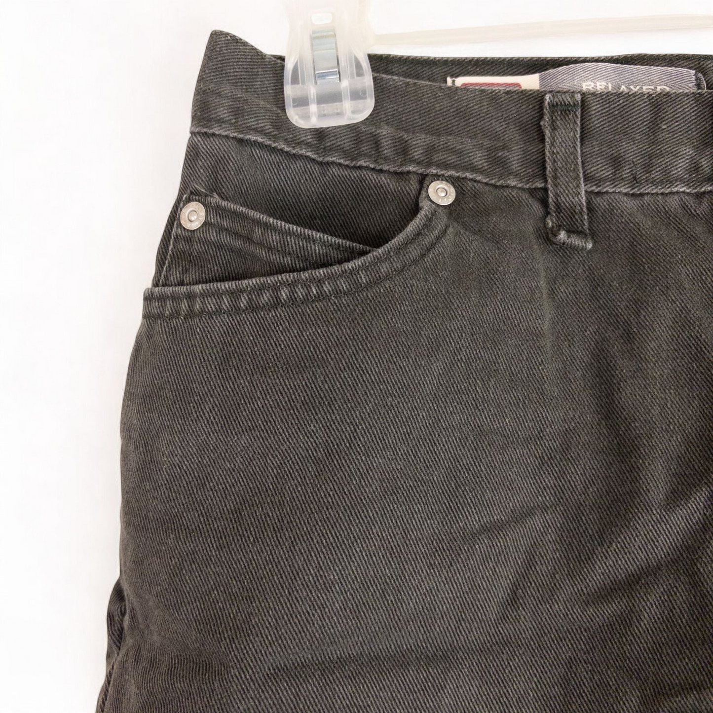 Faded Glory vintage black denim relaxed fit jean shorts womens size 12 front and back view on hanger image 2