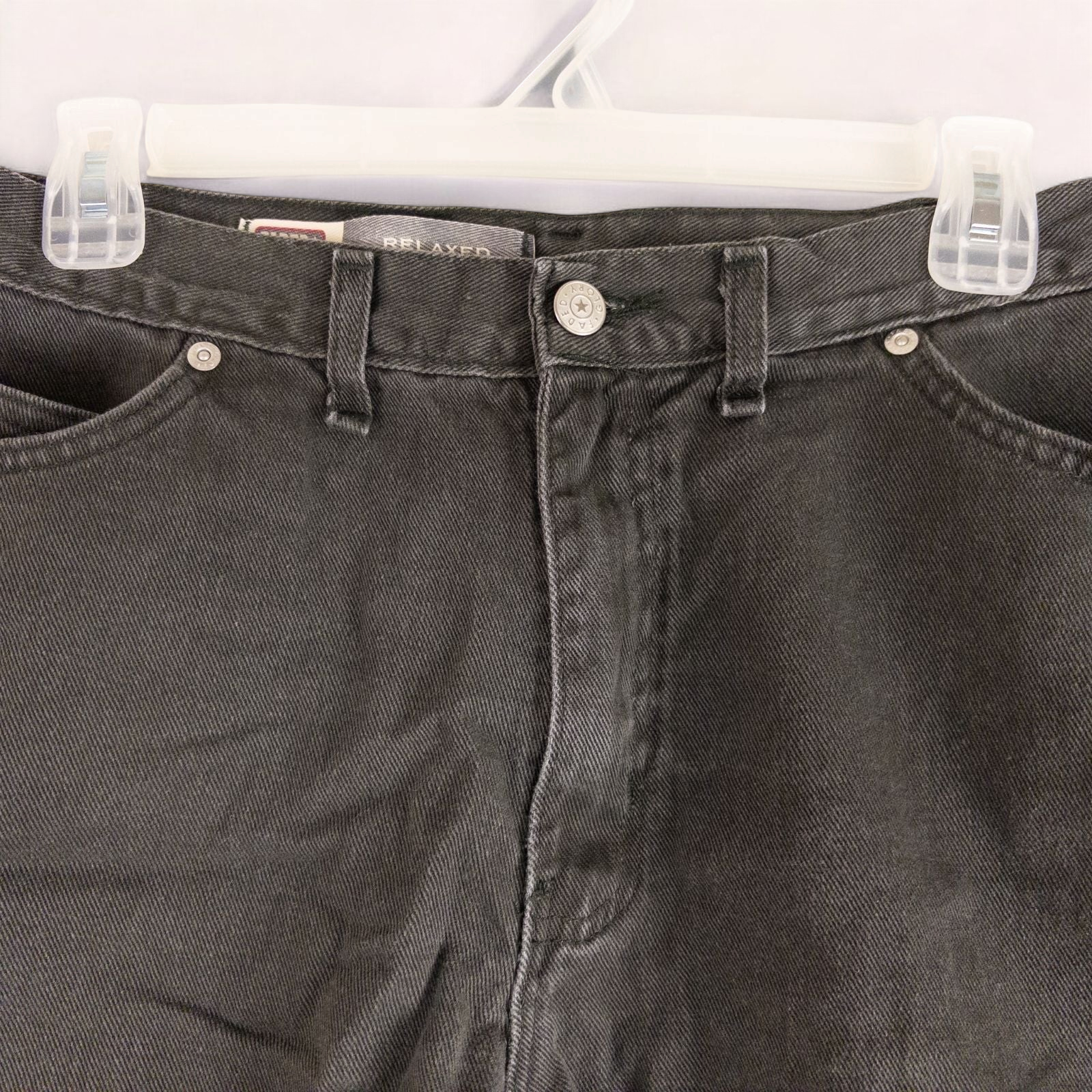 Faded Glory vintage black denim relaxed fit jean shorts womens size 12 front and back view on hanger image 3