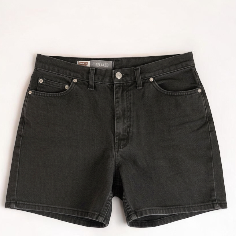 Faded Glory vintage black denim relaxed fit jean shorts womens size 12 front and back view on hanger front on white muslin photography backdrop