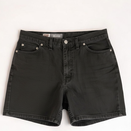 Faded Glory vintage black denim relaxed fit jean shorts womens size 12 front and back view on hanger front on white muslin photography backdrop