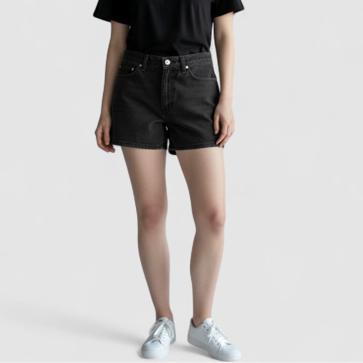 Faded Glory vintage black denim relaxed fit jean shorts womens size 12 front and back view on hanger on model