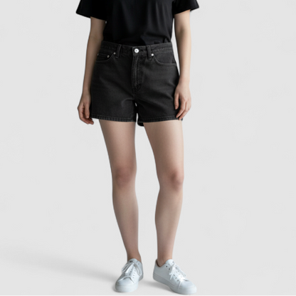 Faded Glory vintage black denim relaxed fit jean shorts womens size 12 front and back view on hanger on model