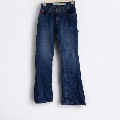 Vintage 1990s Mudd blue denim jeans with button closure hanging on hanger front view