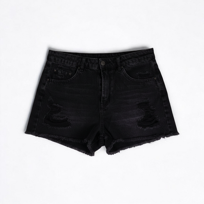 Wild Fable black distressed ripped jean shorts womens size 6 with frayed hem front and back views front on white muslin photography backdrop