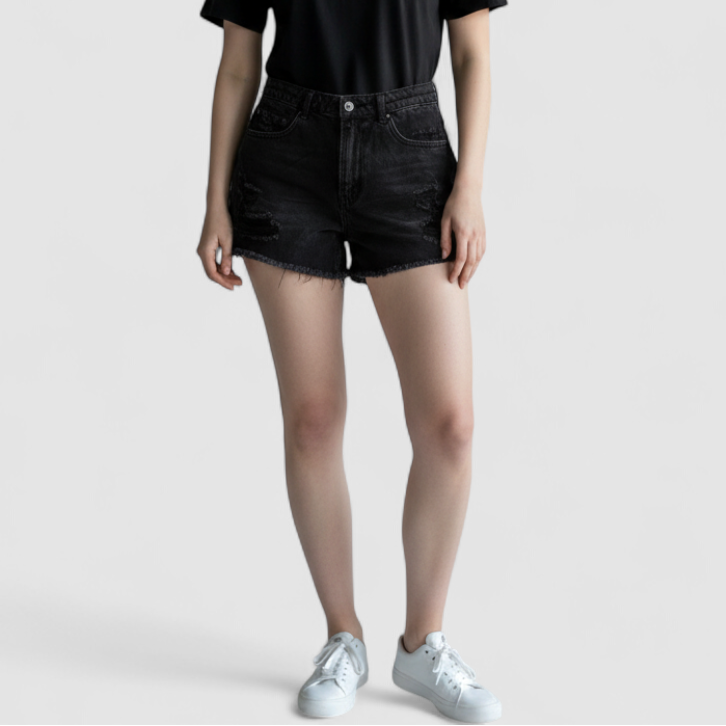 Wild Fable black distressed ripped jean shorts womens size 6 with frayed hem front and back views on model