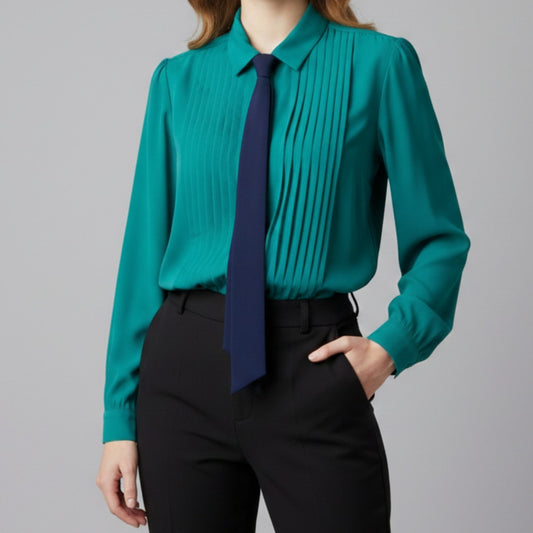 Chaus Vintage Teal Green Sheer Pleated Bow Tie Blouse Womens 12 Large