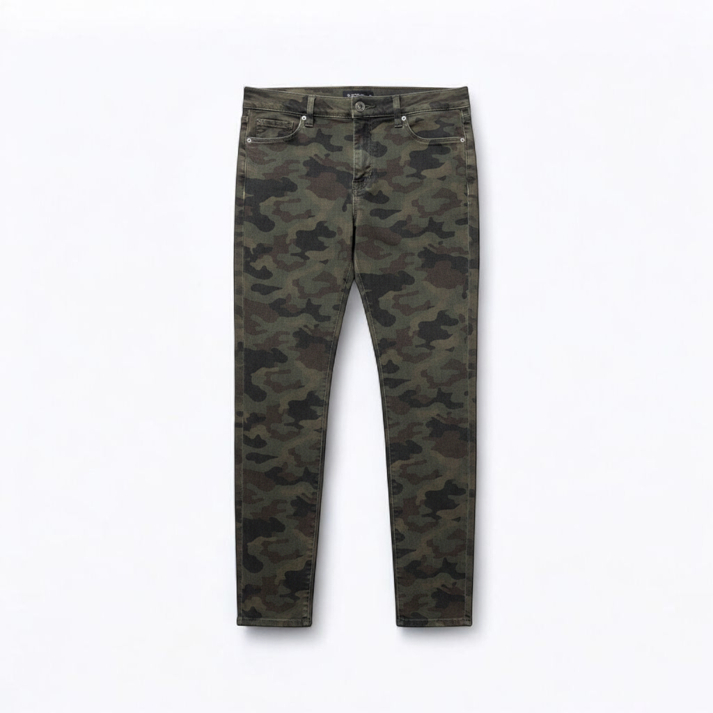 Hudson green camo skinny jeans womens size 31 with minimal wear and faux front pockets displayed hanging. front on white muslin photography backdrop