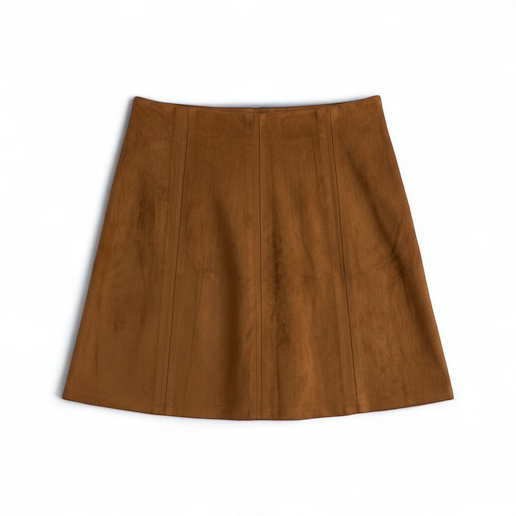 Loft brown suede flair mini skirt womens size 0 hanging on clear plastic hanger against white background front on white muslin photography backdrop