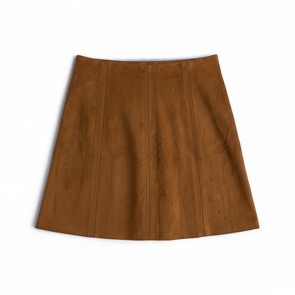 Loft brown suede flair mini skirt womens size 0 hanging on clear plastic hanger against white background front on white muslin photography backdrop