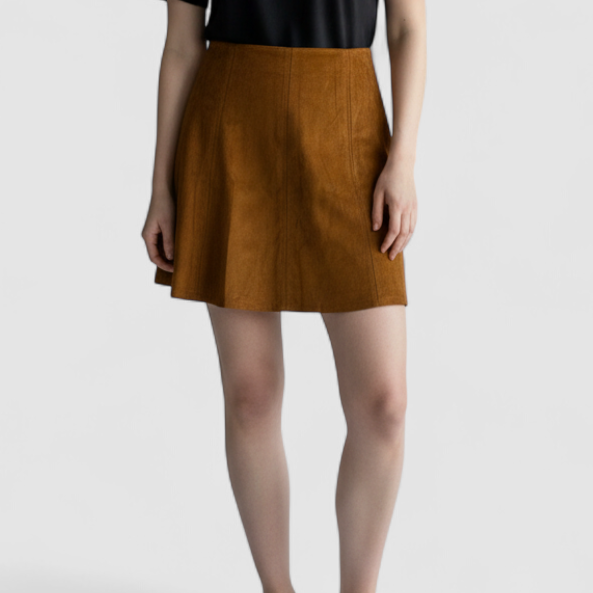 Loft brown suede flair mini skirt womens size 0 hanging on clear plastic hanger against white background on model