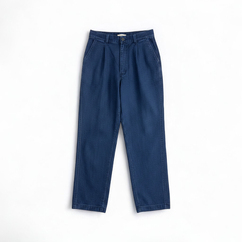 Wilkins rumble seat vintage blue striped jeans womens size 28 hanging on wood hanger in front of white background front on white muslin photography backdrop